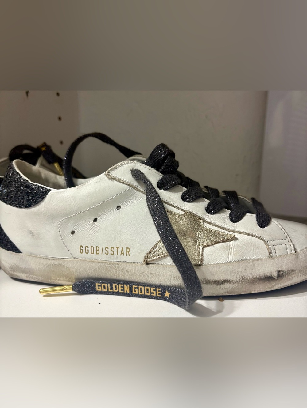 Golden Goose White Leather Sneaker with Gold Logo and Black Glitter Details